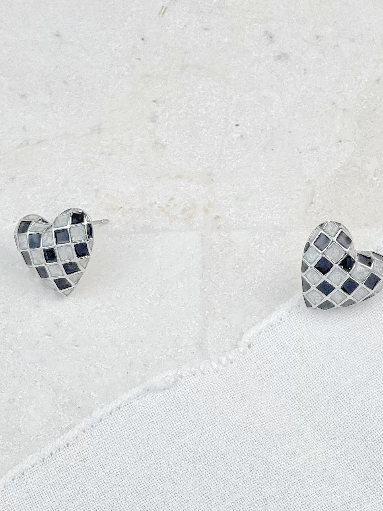 Silver Plated Enamel Checkerboard Heart Stud Earrings