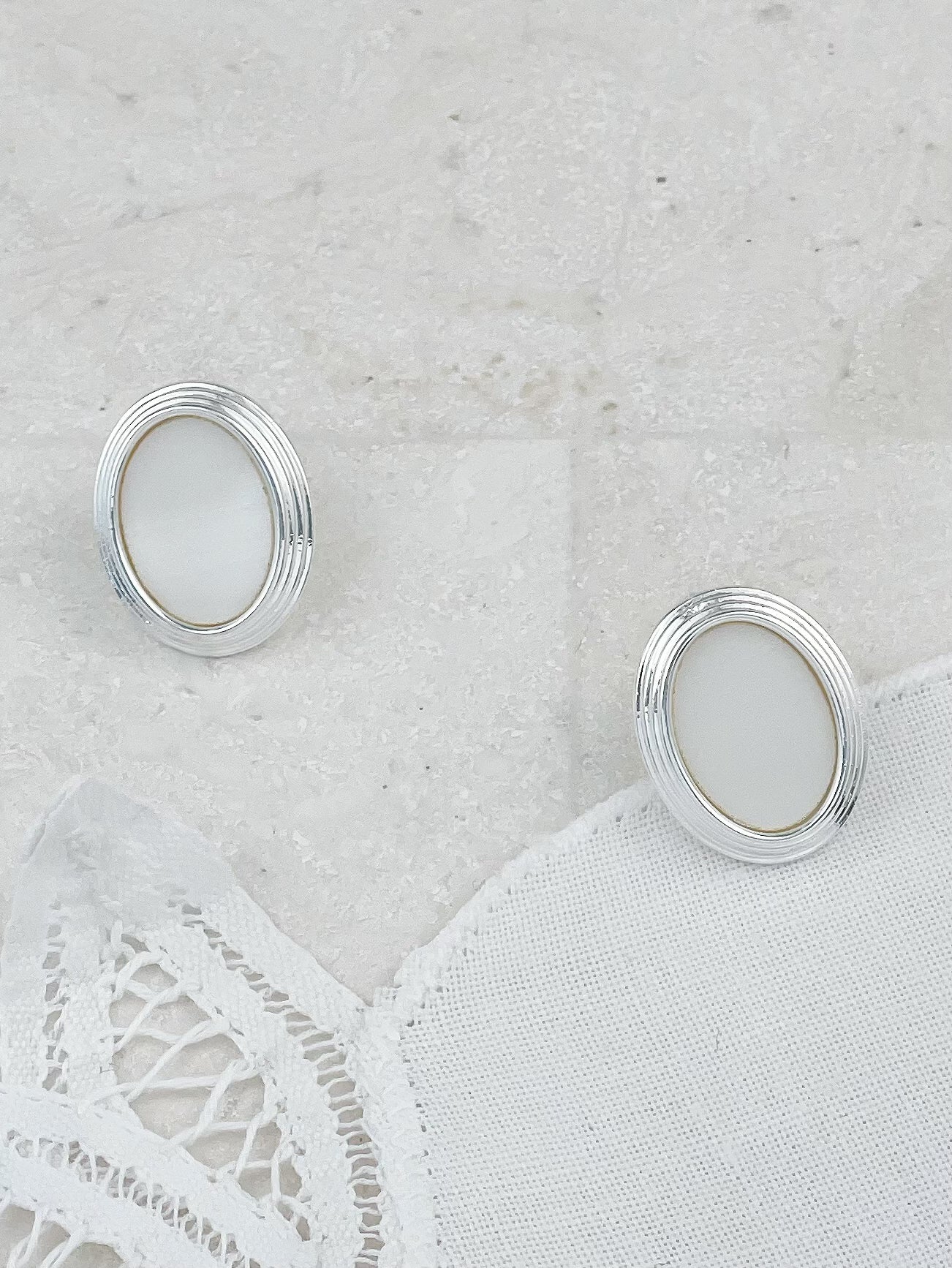 Silver Oval White Mother Of Pearl Stud Earrings