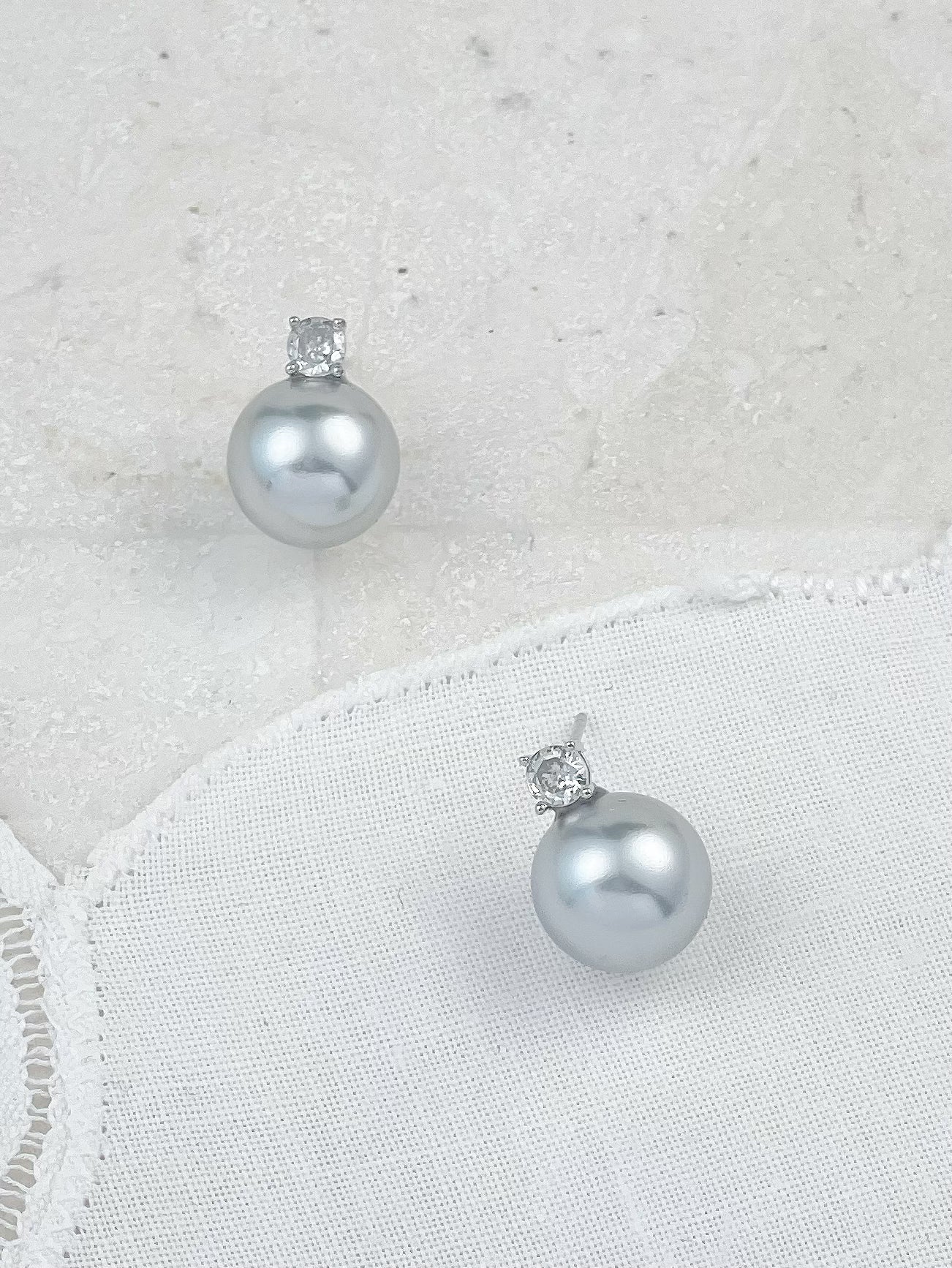 Silver Diamond Platinum Gray Pearl Stud Earrings