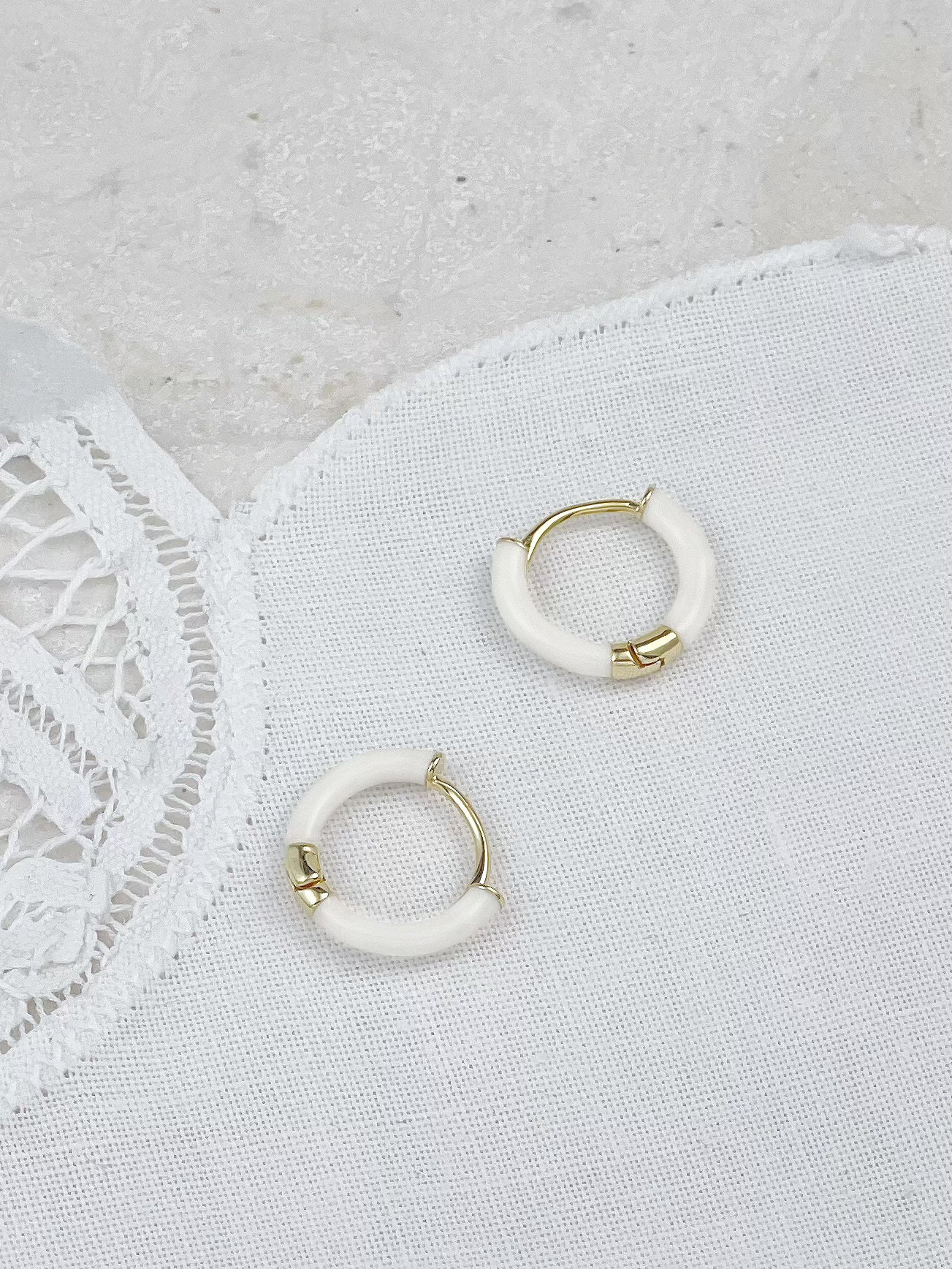 Gold Milky White Enamel Hoop Earrings