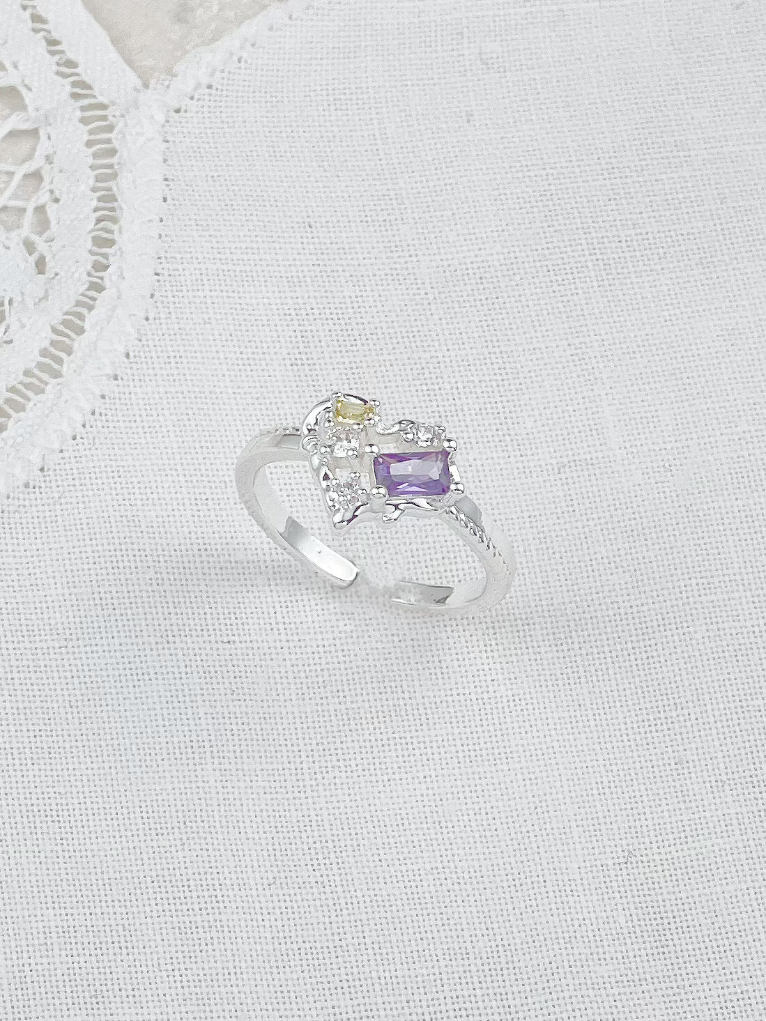 Silver Colorful Crystal Heart Ring