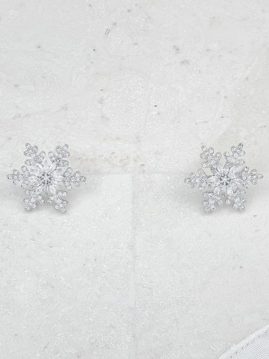 Silver Ice Clear Snowflakes Stud Earrings