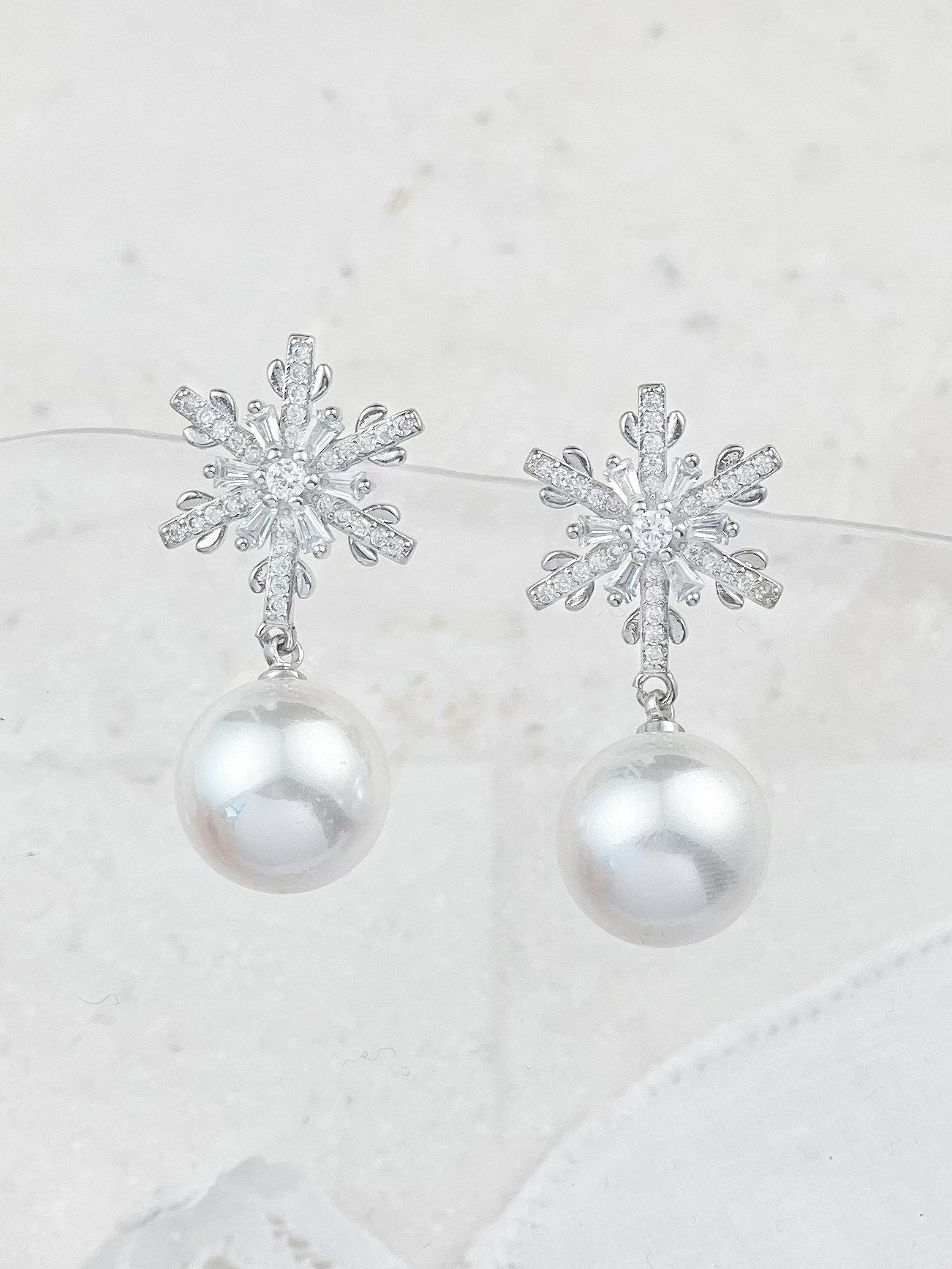 Silver Diamond Snowflake Pearls Earrings