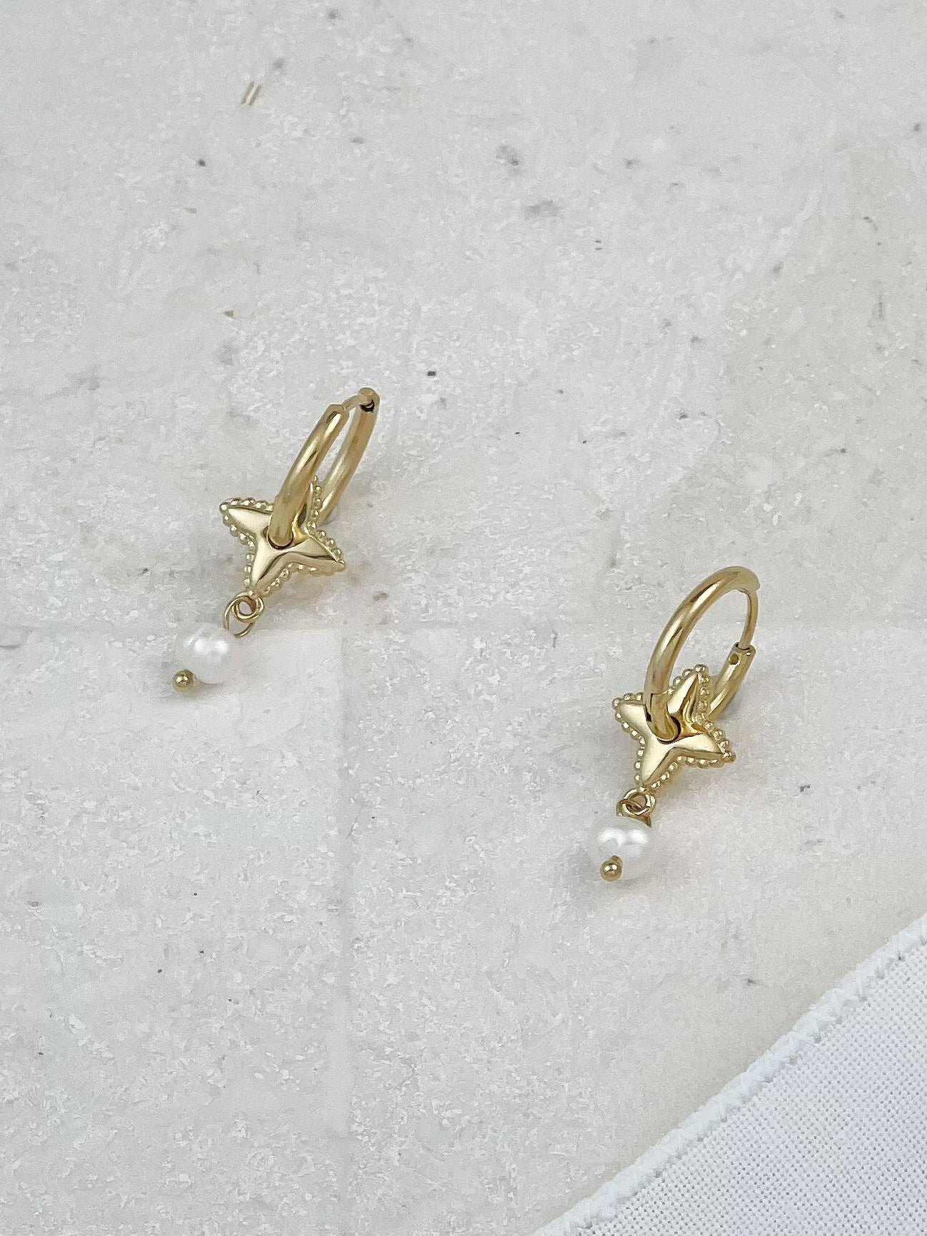 Gold Four Pointed Star Freshwater Pearl Earrings