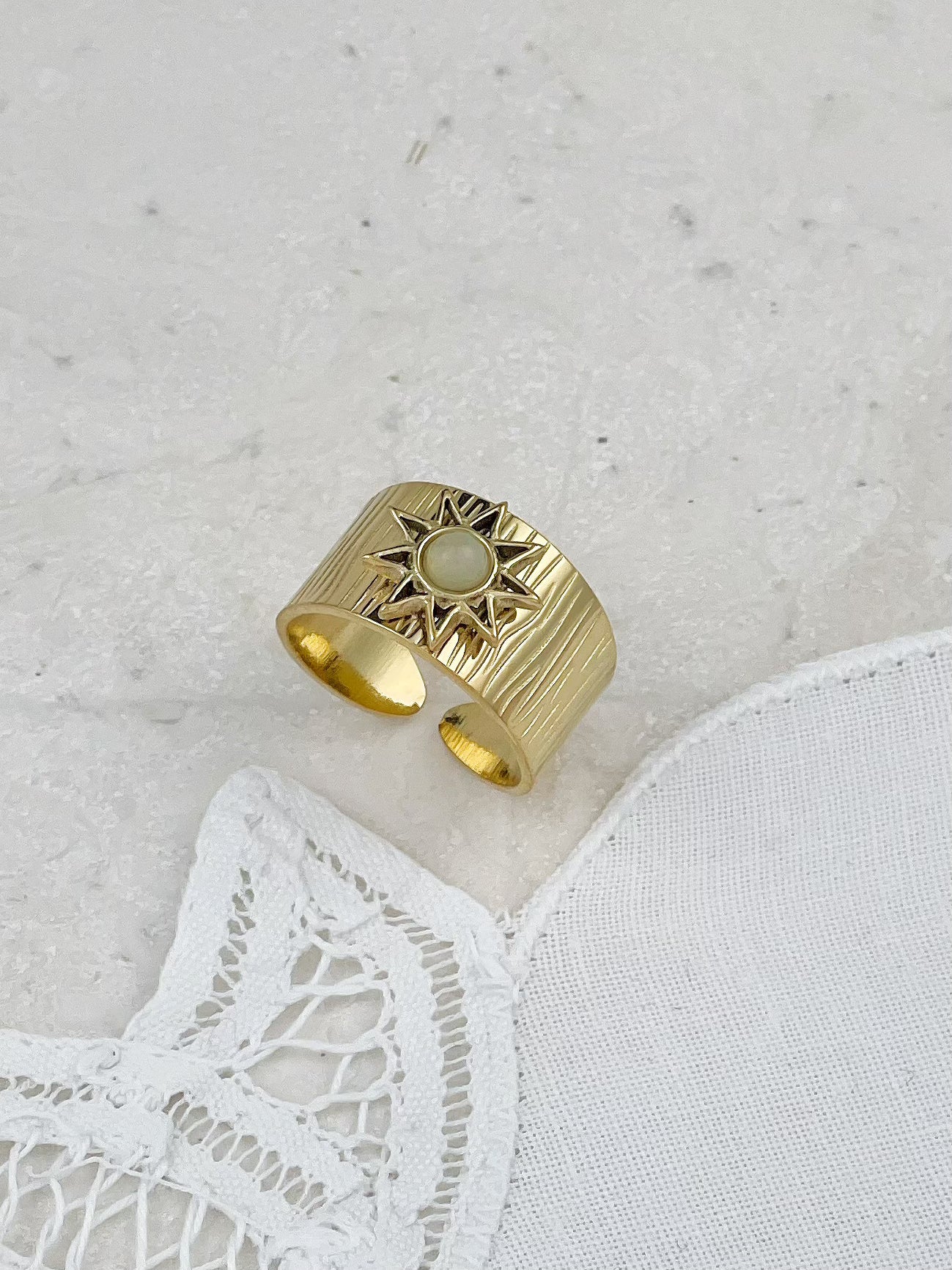 Gold Plated White Chalcedony Sun Ring