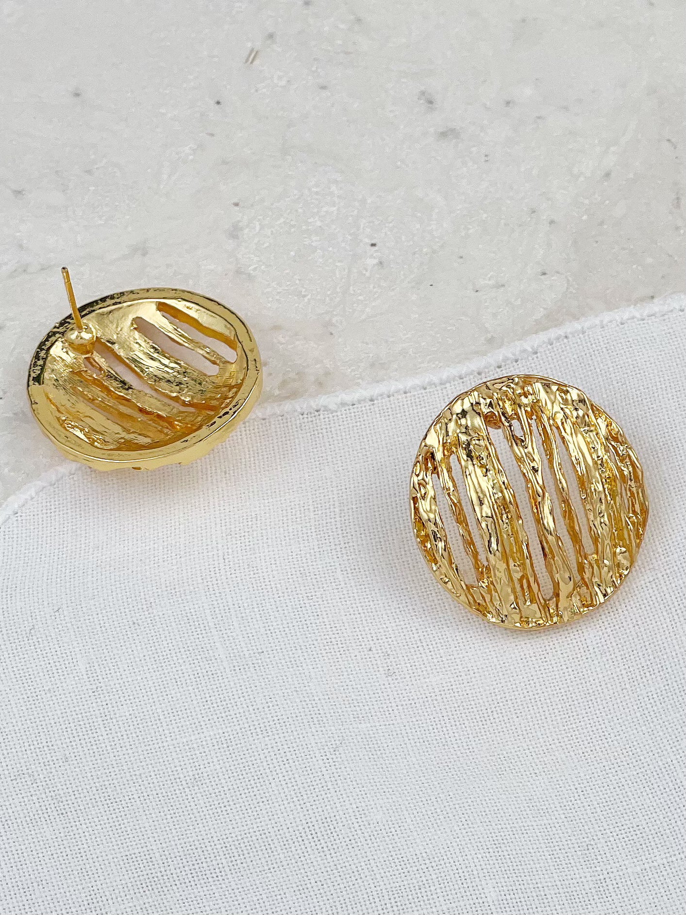 Gold Plated Vintage Molten Hollow Round Stud Earrings