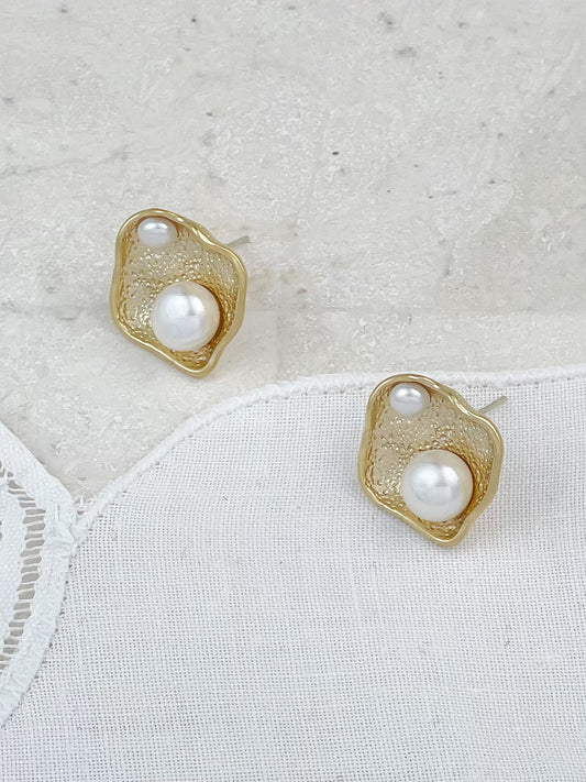 Gold Plated Square Plate Pearl Stud Earrings