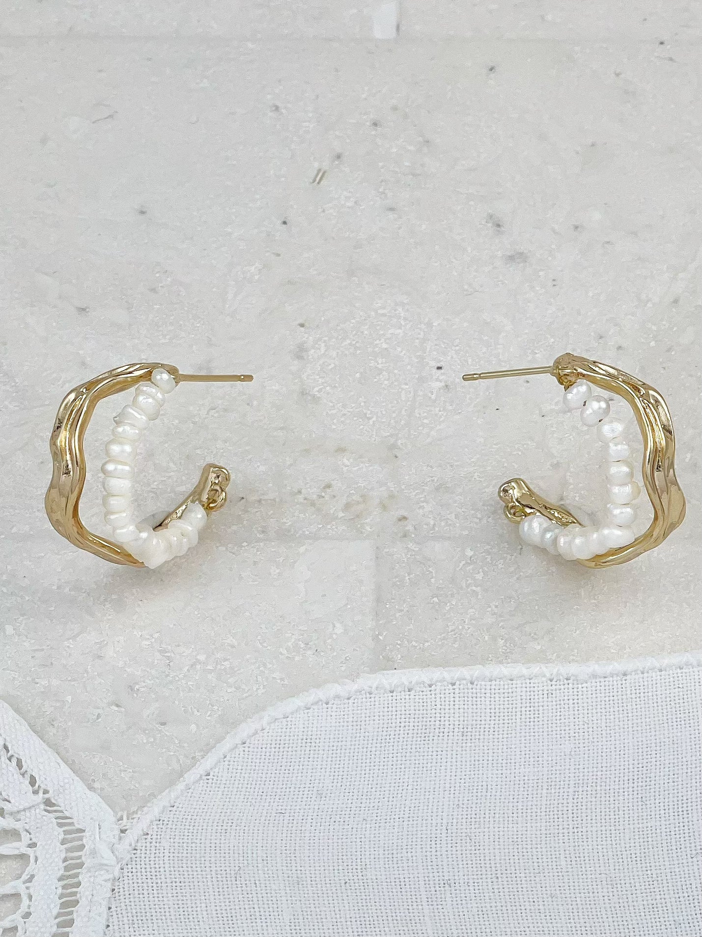 Gold Plated Molten Mini Pearl Hoop Earrings