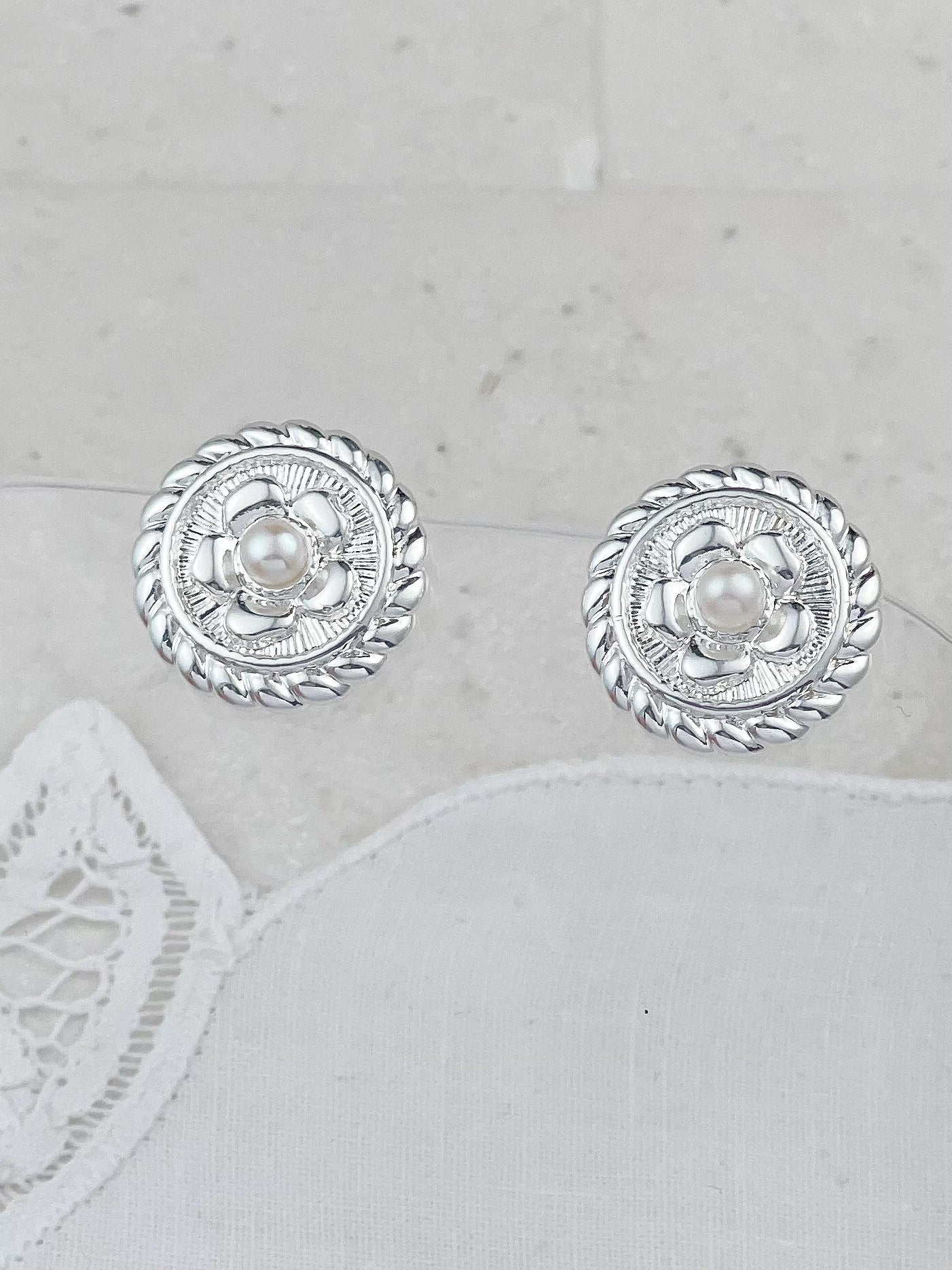 Silver Coco Chanel Style Flower Pearl Disc Buckle Stud Earrings