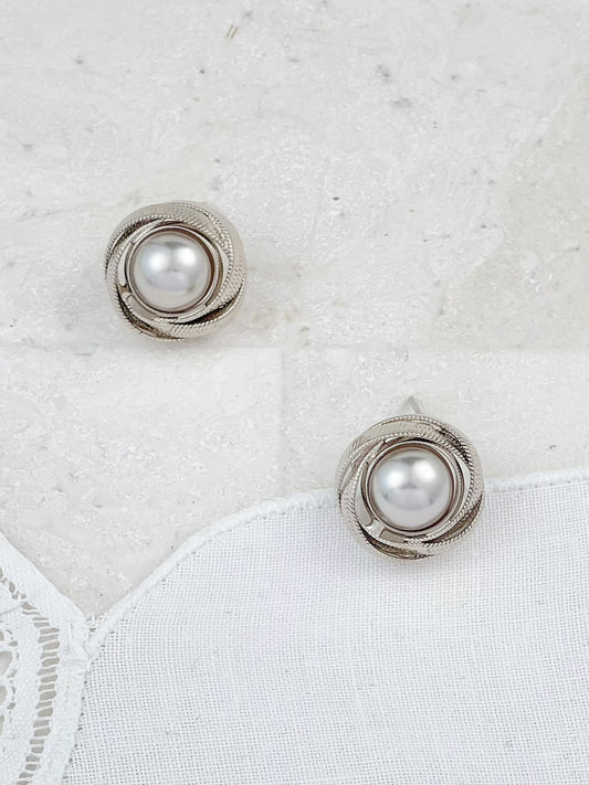 Silver Plated Vintage Gray Pearl Stud Earrings