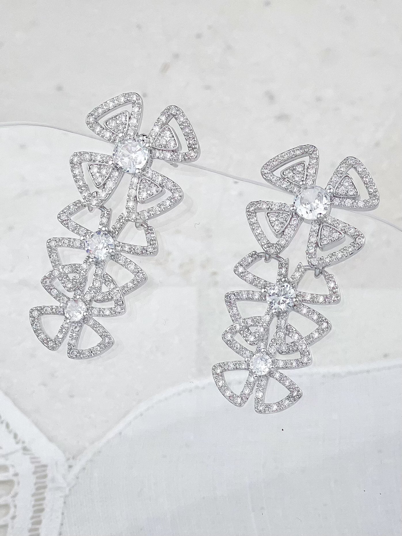 Silver Four Leaf Flower Diamond Earrings