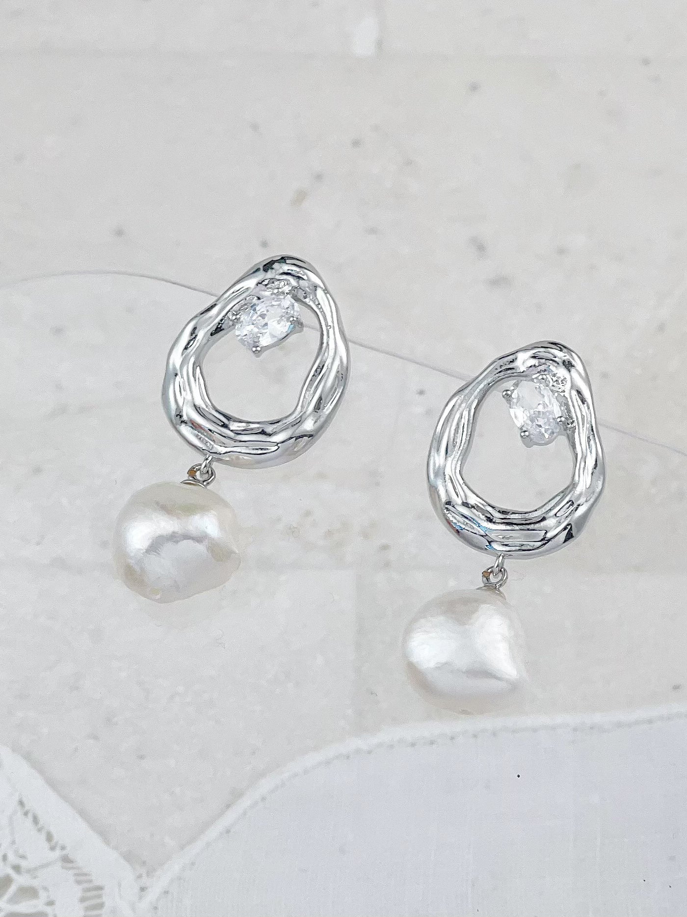 Silver Molten Mini Circle Diamond Freshwater Pearl Earrings