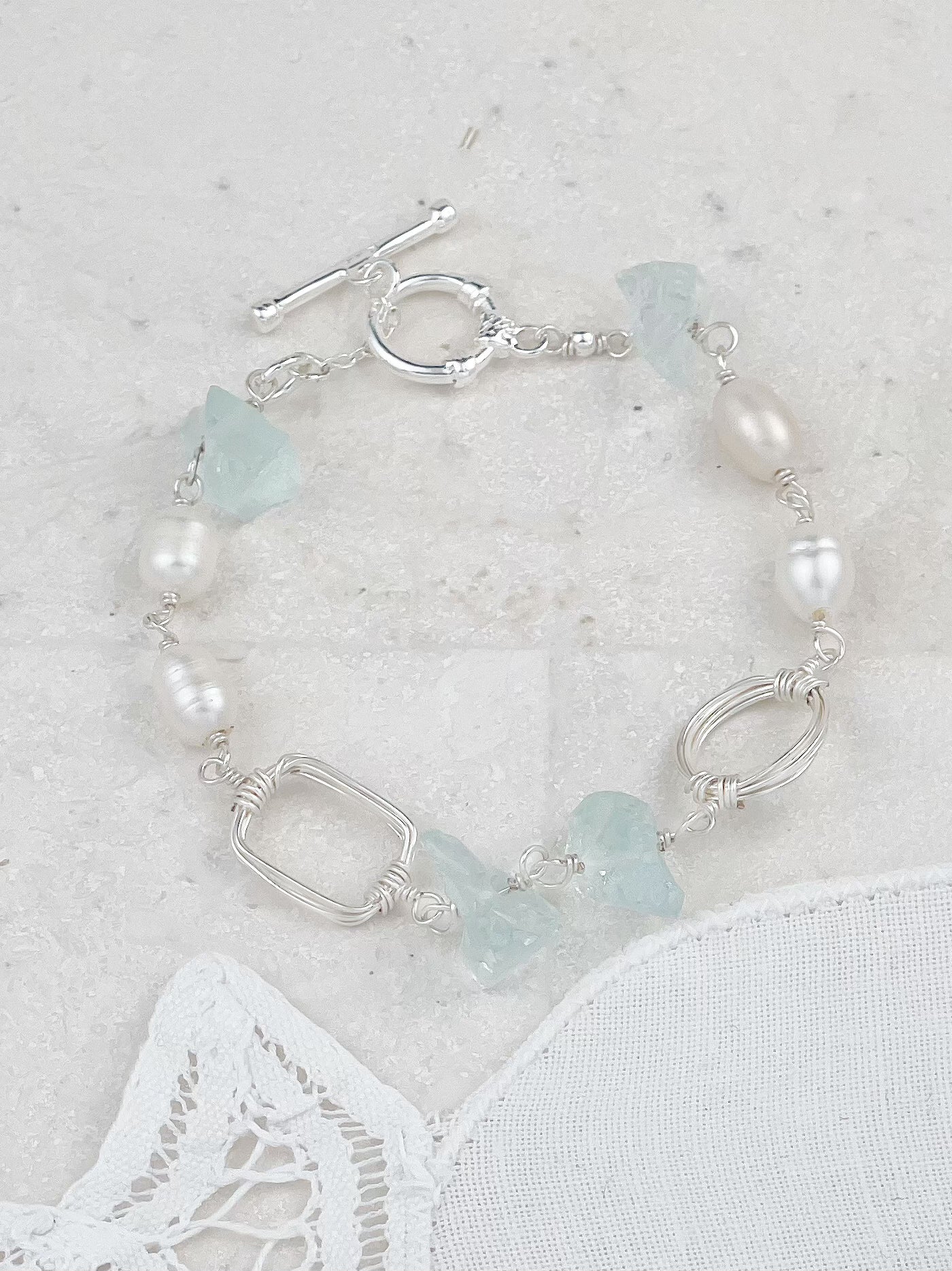 Silver Plated Aquamarine Freshwater Pearl Bracelet