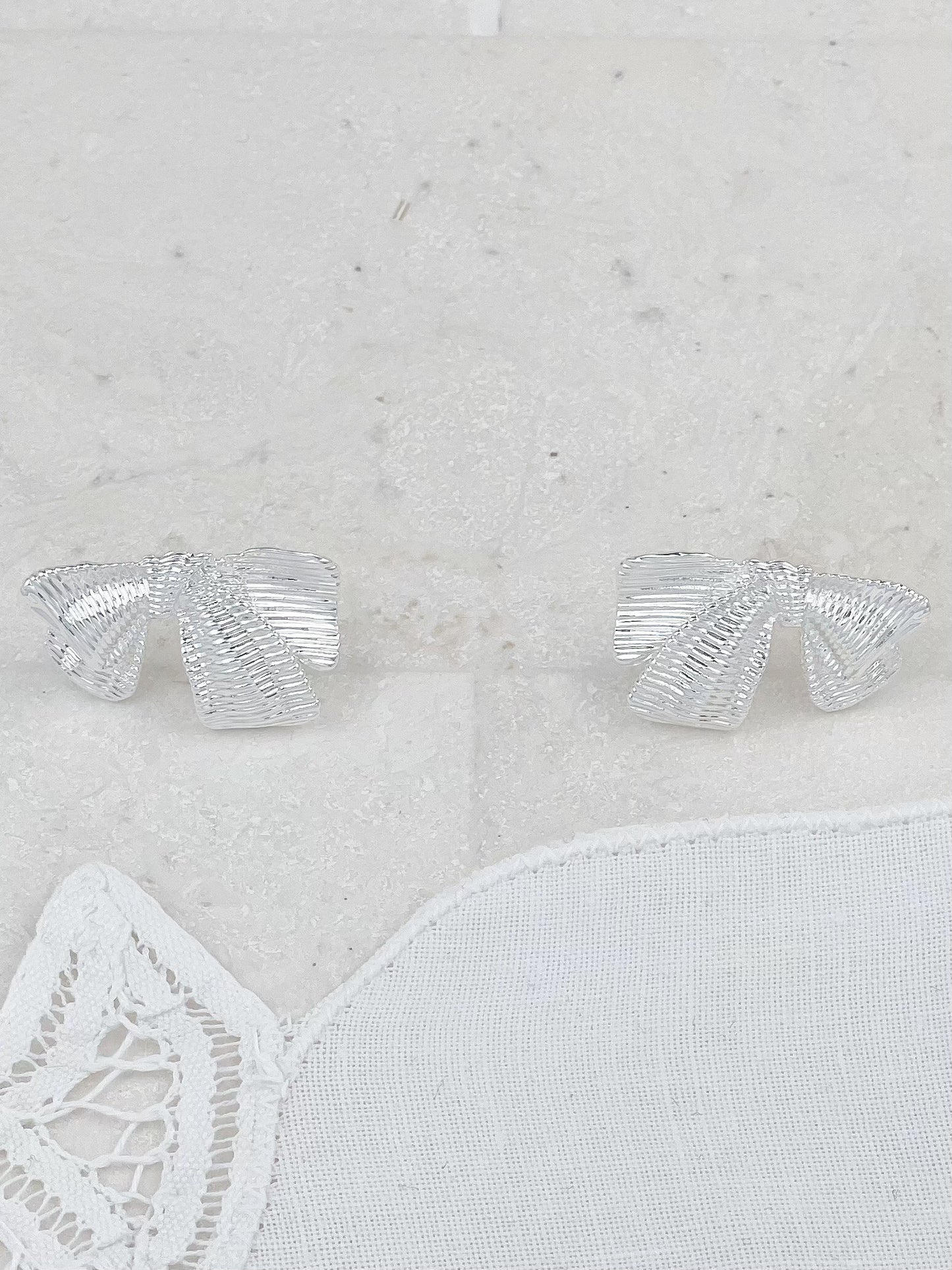 Silver Plated Striped Bow Stud Earrings