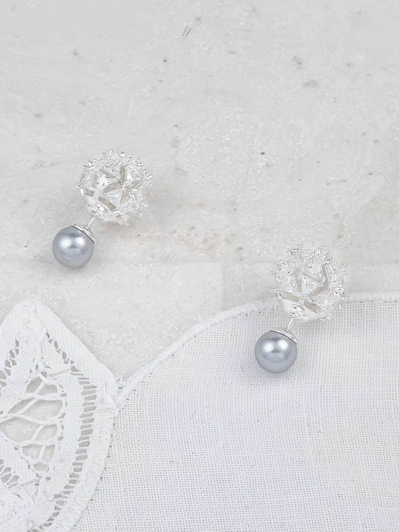 Silver Diamond Hydrangea Gray Pearl Both Sides Stud Earrings