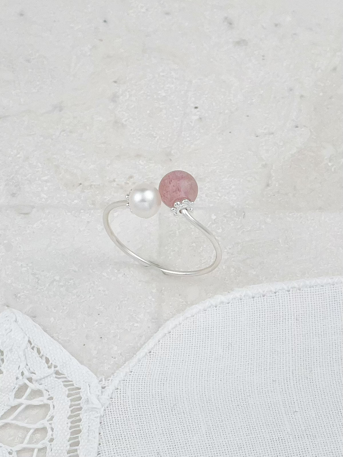 Silver Strawberry Quartz Freshwater Pearl Ring