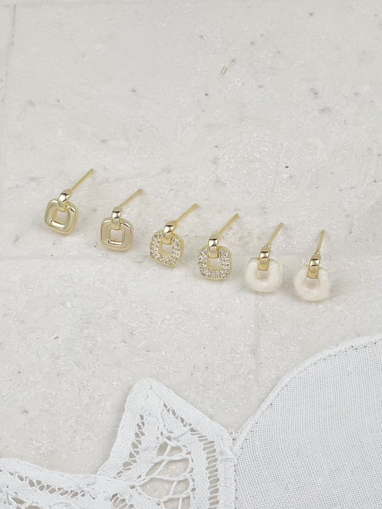 Gold Plated Diamond And Enamel Mini Square Stud Earrings 3-Pack