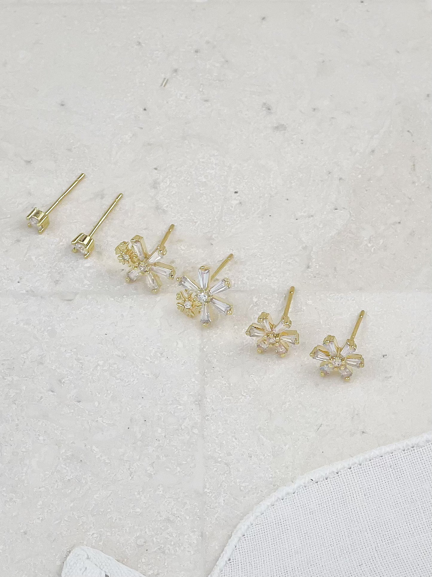 Gold Plated Diamond Snowflake Set Mini Stud Earrings 3-Pack