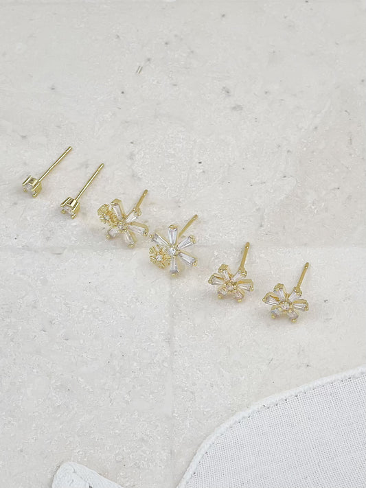 Gold Plated Diamond Snowflake Set Mini Stud Earrings 3-Pack