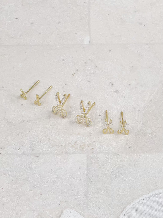 Gold Plated Mini Diamond Scissors Set Stud Earrings 3-Pack