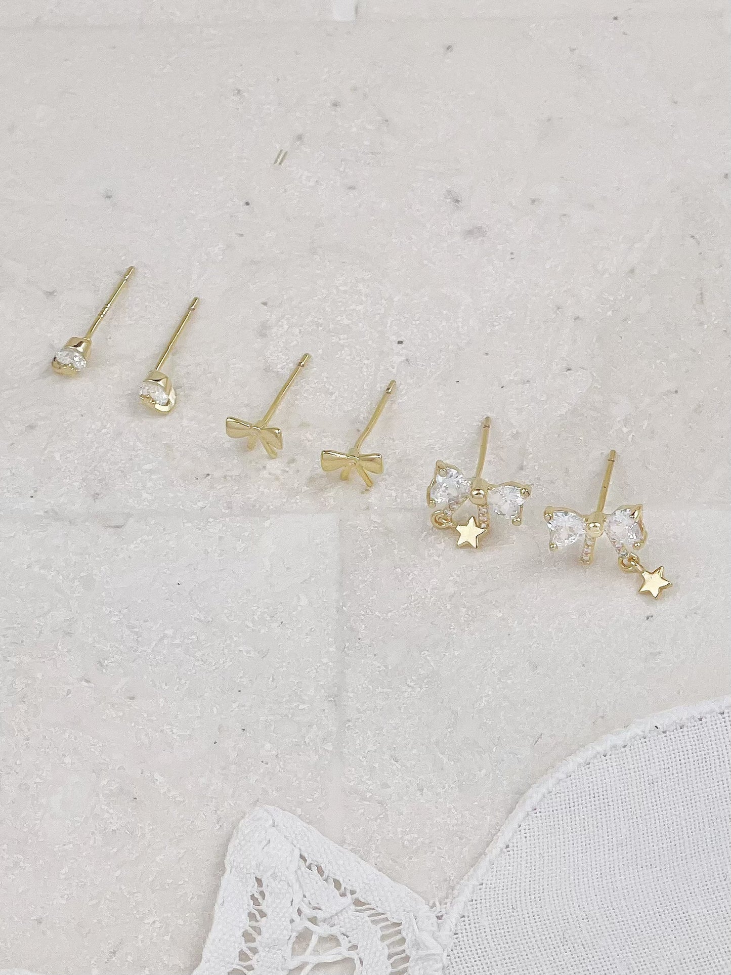 Gold Plated Mini Diamond Star Bow Set Stud Earrings 3-Pack