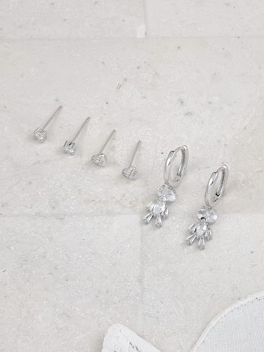 Silver Plated Diamond Mini Bear Set Earrings 3-Pack