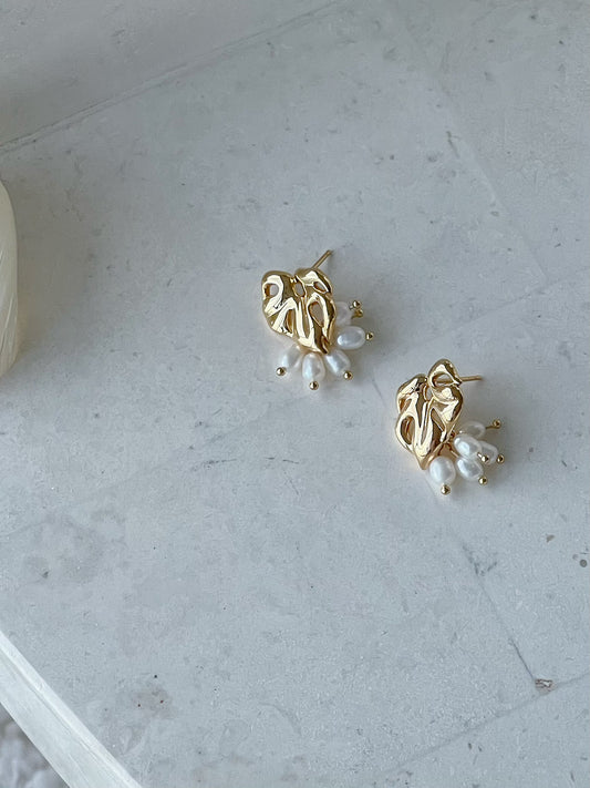 Juliet Gold Plated Leaf Freshwater Pearl Stud Earrings