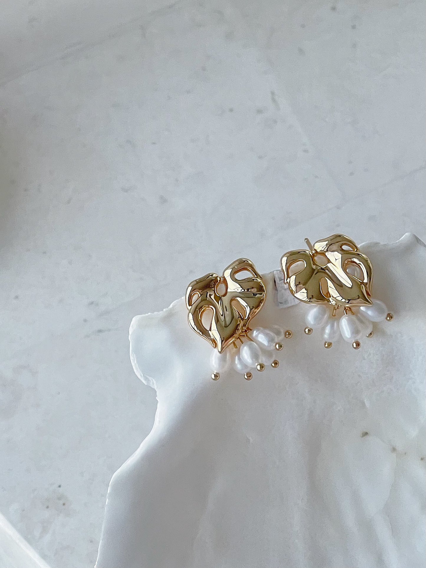 Juliet Gold Plated Leaf Freshwater Pearl Stud Earrings